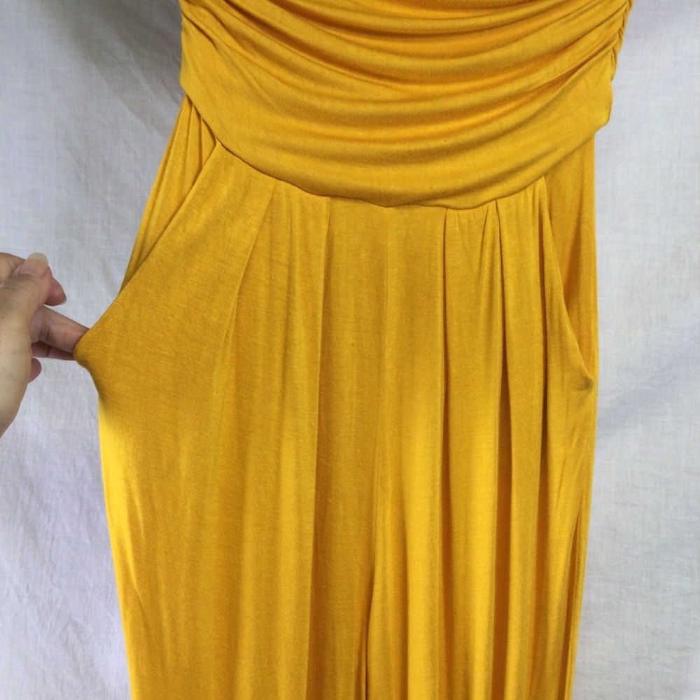Heart Hips Womens Strapless Mustard Yellow Gathered Jumpsuit Sz S - Picture 3 of 14